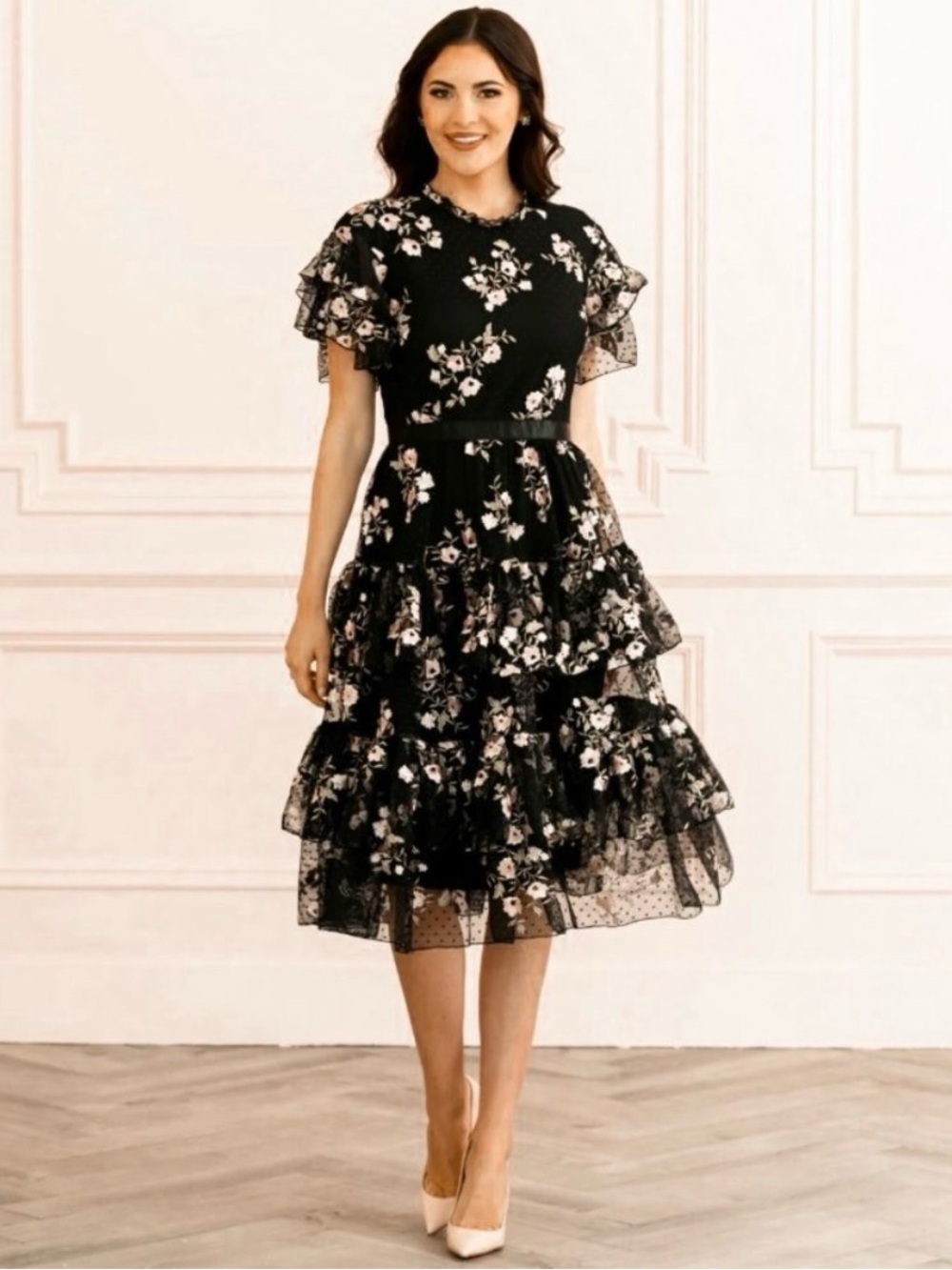 Rachel Parcell Black Floral Tiered Ruffle Midi Dress